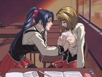 00s 2002 2girls animated animated_gif bible_black bible_black_gaiden blonde_hair blush bouncing_breasts bra bra_lift breasts classroom clothes_lift clothes_pull cloud cloudy_sky desk drill_hair drill_ponytail grabbing_another's_breast groping groping_breast kitami_reika kozono_nami large_breasts multiple_girls necktie nipples open_clothes opening_another's_clothes ponytail purple_hair red_sky school school_uniform shirt short_hair sky sunset suspenders tagme underwear undressing unworn_bra white_shirt window yuri