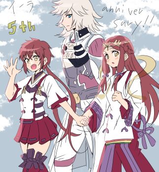 1boy 2girls absurdres anniversary blue_eyes braid brown_hair cloud commentary_request cowboy_shot ereka fan_la_norne grey_hair grey_sky half_up_braid highres holding_hands japanese_clothes jin_(xenoblade) long_hair long_sleeves looking_at_viewer lora_(xenoblade) low-tied_sidelocks medium_hair miniskirt multiple_girls pleated_skirt red_skirt red_thighhighs shirt short_sleeves sidelocks sideways_mouth skirt sky thighhighs three-quarter_sleeves very_long_hair white_shirt xenoblade_chronicles_(series) xenoblade_chronicles_2 xenoblade_chronicles_2:_torna_-_the_golden_country yellow_eyes