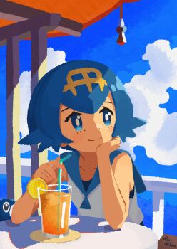 1girl absurdres blue_eyes blue_hair bright_pupils closed_mouth cloud commentary day drinking_straw fence food fruit gen_7_pokemon glass hairband head_rest highres holding holding_drinking_straw juice lana_(pokemon) lemon lemon_slice looking_to_the_side niconiikura nintendo no_sclera orange_juice outdoors pokemon pokemon_(creature) pokemon_sun_and_moon popplio shirt signature sky sleeveless sleeveless_shirt smile split_mouth table white_pupils yellow_hairband