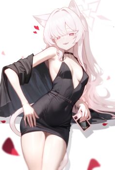 1girl akira_(blue_archive) animal_ear_fluff animal_ears armpits black_dress blue_archive breasts cat_ears cat_tail choker colored_eyelashes covered_navel dress falling_petals hair_over_eyes halo highres holding holding_phone long_hair looking_at_viewer mellow_(srpp4843) petals phone red_eyes seductive_smile shirt short_dress smile solo tail thighs white_eyelashes white_hair