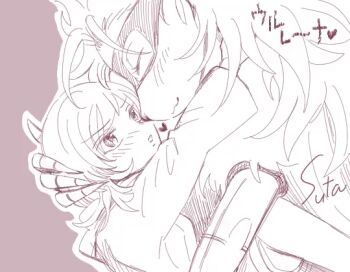 blush closed_eyes digimon digimon_(creature) digimon_beatbreak heart jacket looking_at_another mask sakuya_reina short_hair sutan_sutata wolvermon