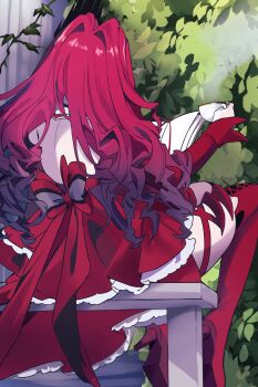 1girl back baobhan_sith_(fate) baobhan_sith_(first_ascension)_(fate) boots cup dress fate/grand_order fate_(series) from_behind high_heel_boots high_heels highres holding holding_cup long_hair ma_ple pink_hair reading red_dress sitting solo teacup thigh_boots