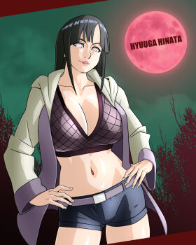 1girl absurdres black_hair bra breasts cleavage_cutout clothing_cutout female_focus highres hyuuga_hinata jacket large_breasts long_hair looking_at_viewer moon naruto:_road_to_ninja naruto_(series) naruto_shippuuden no_pupils official_alternate_costume red_moon shorts smile solo underwear white_eyes