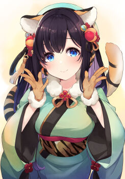 1girl 2022 animal_ears animal_print aoto_neko aqua_hat beret black_hair blue_eyes blush breasts chinese_zodiac cowboy_shot fur-trimmed_gloves fur-trimmed_kimono fur_trim gloves green_kimono hair_ornament hat highres japanese_clothes kimono long_hair looking_at_viewer medium_breasts new_year obi orange_gloves original print_sash sash smile solo tail tassel tiger_ears tiger_print tiger_tail year_of_the_tiger
