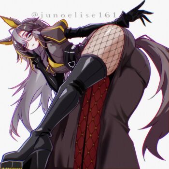 1girl absurdres ahoge animal_ears ass bent_over black_boots black_gloves black_hair blue_eyes boots coat dream_journey_(reminder_of_dreamland)_(umamusume) dream_journey_(umamusume) fishnet_pantyhose fishnets glasses gloves hair_between_eyes highres horse_ears horse_girl horse_tail junoelise161 long_hair long_sleeves looking_at_viewer multicolored_hair pantyhose platform_boots puffy_sleeves shirt simple_background solo tail thigh_boots umamusume white_hair