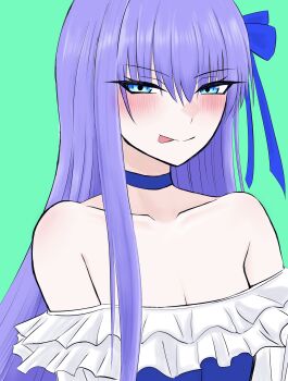 Rule 34 | 1girl, absurdres, bare shoulders, blue eyes, blue one-piece swimsuit, blue ribbon, blush, breasts, choker, commentary request, fate/grand order, fate (series), frills, hair ribbon, highres, long hair, long sleeves, looking at viewer, mcpc zamurai, meltryllis, meltryllis (fate), meltryllis (swimsuit lancer) (fate), meltryllis (swimsuit lancer) (second ascension) (fate), off-shoulder one-piece swimsuit, off shoulder, one-piece swimsuit, puffy sleeves, purple hair, ribbon, small breasts, smile, solo, swimsuit, tongue, tongue out, very long hair