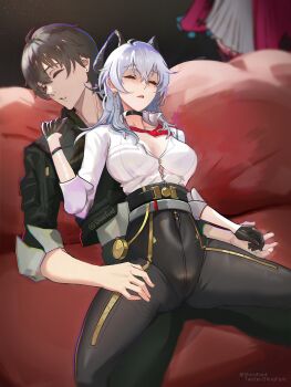 1boy 2girls artist_name artistic_error black_choker black_gloves black_hair black_horns black_jacket black_pants breasts button_gap carlotta_(wuthering_waves) choker chromatic_aberration closed_eyes collarbone commentary_request couch covered_navel curled_horns dress earrings girl_on_top gloves grey_hair hickey high-waist_pants highres horns jacket jewelry key_earrings large_breasts long_hair loose_necktie male_focus male_rover_(wuthering_waves) multiple_girls necktie on_couch pants parted_lips red_necktie rover_(wuthering_waves) shiro_font shirt shirt_tucked_in sitting sitting_on_person sleeping sleeves_rolled_up white_dress white_shirt wuthering_waves zani_(wuthering_waves)