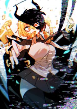 1girl black_thighhighs blonde_hair breasts commentary_request cowboy don_quixote_(project_moon) e.g.o_(project_moon) film_grain highres index_(identity)_(project_moon) korean_commentary large_breasts limbus_company long_sleeves looking_at_viewer miniskirt necktie pleated_skirt pmchell_04 procuration_(e.g.o) project_moon shaded_face shirt short_hair simple_background skirt thighhighs western white_shirt