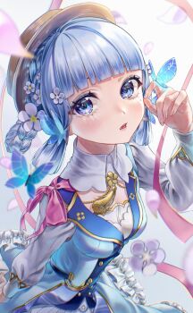 Rule 34 | 1girl, ayaka (genshin impact), blue dress, blue eyes, blue hair, blunt bangs, braid, brown hat, butterfly hair ornament, dress, flower, genshin impact, hair flower, hair ornament, hat, highres, kamisato ayaka, kamisato ayaka (springbloom missive), looking at viewer, official alternate costume, official alternate hairstyle, puffy sleeves, rearea 7777, solo