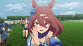 4girls absurdres animal_ears animated animated_gif anime_screenshot bag blue_bag blue_dress blue_eyes blue_scarf bouncing_breasts bow braid braided_ponytail breasts brown_hair cleavage dicta_striker_(umamusume) drawstring dress ear_bow ears_through_headwear hair_between_eyes highres ho_1000_ka hood hood_up hooded_jacket horse_ears horse_girl horse_racing_track horse_tail jacket large_breasts long_hair long_sleeves looking_back looking_to_the_side multicolored_hair multiple_girls open_clothes open_jacket open_mouth pleated_skirt puffy_long_sleeves puffy_sleeves running scarf shoulder_bag skirt streaked_hair super_creek_(murmuring_stream)_(umamusume) super_creek_(umamusume) sweat tagme tail thighhighs tracen_school_uniform umamusume umamusume:_cinderella_gray yellow_jacket