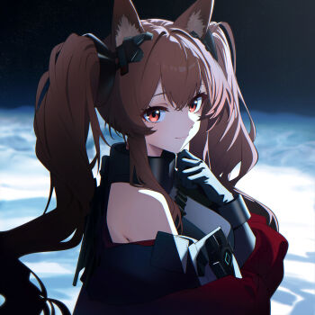 1girl absurdres angelina_(arknights) animal_ear_fluff animal_ears arknights arknights:_endfield bare_shoulders black_gloves breasts brown_hair coat commentary dress english_commentary fox_ears fox_girl gilberta_(arknights) gloves grey_dress hair_between_eyes headpiece high_collar highres long_hair looking_at_viewer red_coat red_eyes smile solo starelium twintails upper_body