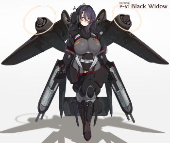 1girl absurdres aircraft airplane black_bodysuit black_hair bodysuit breasts character_name female_focus full_body headgear highres konoshige_(ryuun) large_breasts long_hair machinery mecha_musume military military_vehicle original p-61_black_widow personification pilot_suit propeller red_eyes solo standing