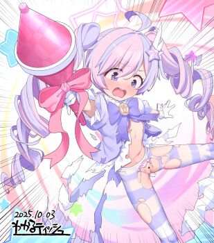 1girl ahoge artist_name bar_censor blue_archive blue_eyes blush bow censored cleft_of_venus dated dress drill_hair frilled_sleeves frills gloves hair_ornament holding holding_wand kanabun loli long_hair looking_down magical_girl multicolored_hair navel nipples open_mouth pantyhose pink_hair purple_bow purple_dress purple_hair pussy reisa_(blue_archive) reisa_(magical)_(blue_archive) solo star_(symbol) star_hair_ornament star_symbol_background striped_clothes striped_pantyhose torn_clothes torn_dress torn_pantyhose twin_drills twintails two-tone_hair wand white_gloves
