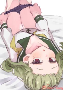 1girl :o araga_kiwi black_panties blush breasts collarbone collared_shirt commentary_request from_above fuurinura green_sailor_collar grey_hair highres hiiragi_utena's_school_uniform long_hair lying mahou_shoujo_ni_akogarete mole mole_under_eye on_back on_bed open_mouth panties panty_pull red_eyes sailor_collar school_uniform serafuku shirt small_breasts solo twitter_username underwear white_serafuku white_shirt
