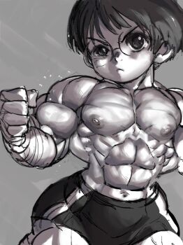 1girl abs absurdres apyoapyo broad_shoulders buruma fighting_stance flat_chest glasses highres loli lying makki_(apyoapyo) monochrome muscular muscular_child muscular_female original pectorals short_hair solo standing topless_female