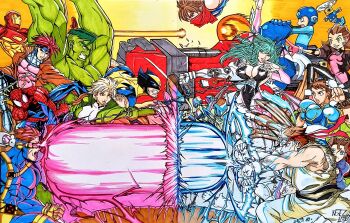 6+boys 6+girls a angry arm_cannon avengers_(series) battle black_hair blue_eyes breasts brown_hair capcom china_dress chinese_clothes chun-li clash cleavage crossover cyberbots cyclops cyclops_(x-men) darkstalkers dress earrings fireball gambit green_hair grin headband highres hulk hulk_(series) iron_man iron_man_(series) jewelry long_hair looking_at_another marvel marvel_vs._capcom marvel_vs._capcom_2 mega_man_(character) mega_man_(classic) mega_man_(series) mega_man_legends_(series) morrigan_aensland multiple_boys multiple_girls one-eyed red_eyes red_hair robot rogue_(x-men) ryu_(street_fighter) saotome_jin serious smile spider-man spider-man_(series) street_fighter strider_(video_game) strider_hiryuu tron_bonne_(mega_man) weapon wolverine_(x-men) x-men