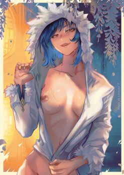 1girl artist_name blue_hair breasts collarbone english_text framed fur-trimmed_hoodie fur-trimmed_sleeves fur_trim genshin_impact green_eyes heart heart-shaped_pupils highres hood hood_up hoodie long_sleeves looking_at_viewer medium_breasts navel nipples open_mouth signature smile solo sweatdrop symbol-shaped_pupils teeth upper_teeth_only washuu yelan_(genshin_impact)