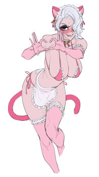 1girl absurdres animal_ears apron blush breasts cat_ears cat_tail collar demon demon_girl demon_horns ear_piercing face_piercing hair_over_one_eye heart heart_hands helltaker highres horns kimleon large_breasts looking_at_viewer maid_apron mouth_piercing nose_piercing panties piercing pink_panties pink_thighhighs red_eyes short_hair standing tail thighhighs underwear white_background zdrada_(helltaker)