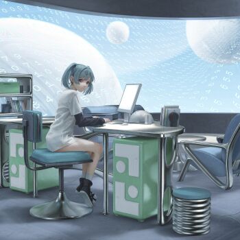 1girl black_footwear blue_hair chair closed_mouth computer computer_tower desk dress hair_intakes highres indoors kanikumi_toi layered_sleeves long_sleeves looking_at_viewer monitor office_chair on_chair original purple_eyes shelf short_dress short_over_long_sleeves short_sleeves sitting socks solo speaker stool swivel_chair table turning_head twintails white_socks