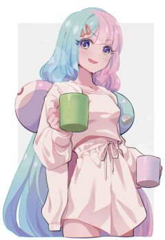 1girl blue_hair blush breasts character_hair_ornament commentary_request cup hair_ornament hairclip holding holding_cup iono_(pokemon) long_hair long_sleeves looking_at_viewer mizuiro123 multicolored_hair nintendo open_mouth pajamas pink_hair pink_shirt pink_shorts pokemon pokemon_sv shirt shorts small_breasts smile solo two-tone_hair