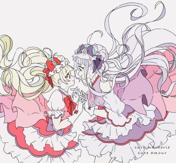 2girls aisaki_emiru anime_coloring ascot bare_shoulders blonde_hair blue_hat blunt_bangs bow bow-shaped_hair bowtie closed_mouth clothing_cutout collared_dress commentary_request cowboy_shot cure_amour cure_macherie diamond_(shape) double_bun dress earrings eye_contact floating_clothes floating_hair frilled_ascot frilled_dress frilled_headwear frilled_sleeves frills gloves grey_background hair_bun happy hat hat_bow highres holding_hands hugtto!_precure interlocked_fingers jewelry large_earrings light_blush long_hair looking_at_another magical_girl makeup mascara mini_hat multiple_girls pointy_nose pom_pom_(clothes) pom_pom_earrings precure puffy_short_sleeves puffy_sleeves purple_ascot purple_bow purple_eyes purple_hair red_bow red_bowtie red_dress red_eyes ruru_amour short_dress short_sleeves shoulder_cutout simple_background smile standing takahoshi_(yunch327) train_(clothing) twintails very_long_hair waist_bag waist_bow wavy_hair white_bag white_gloves wrist_bow