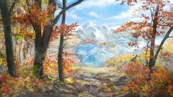 autumn_leaves blue_sky cloud commentary_request day forest highres landscape leaf mountain nature no_humans original outdoors path road scenery sky tree zaq_(pgvc4472)