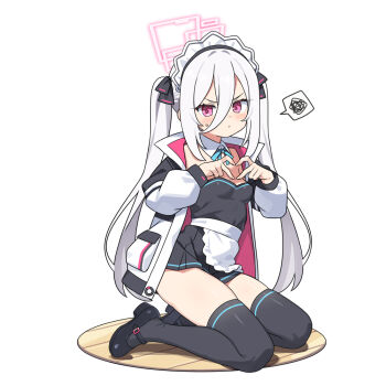 1girl apron black_shoes black_skirt black_thighhighs blue_archive blush breasts closed_mouth collar commentary_request detached_collar frilled_apron frills grey_hair hair_between_eyes halo hatsunatsu heart heart_hands jacket kei_(blue_archive) kei_(student)_(blue_archive) long_hair long_sleeves looking_at_viewer maid_headdress on_floor open_clothes open_jacket pleated_skirt puffy_long_sleeves puffy_sleeves purple_eyes shoes simple_background skirt small_breasts small_sweatdrop solo spoken_squiggle squiggle sweat thighhighs twintails v-shaped_eyebrows very_long_hair waist_apron white_apron white_background white_collar white_jacket wing_collar wooden_floor