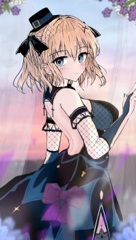 1girl alternate_costume arm_at_side back backless_dress backless_outfit bare_shoulders black_bow black_bridal_gauntlets black_dress black_hat black_nails black_thighhighs blonde_hair blue_eyes blue_flower blurry blush bow breasts bridal_gauntlets closed_mouth commentary_request cowboy_shot curtains depth_of_field dress dress_bow earrings eyelashes fishnet_bridal_gauntlets fishnet_thighhighs fishnets flower from_behind hair_between_eyes hair_bow hair_ornament hand_up hat highres impossible_clothes impossible_dress jewelry large_breasts light_smile looking_at_viewer looking_back medium_hair mini_hat nail_polish okamic onda_nei outdoors purple_bow purple_flower sakura_no_toki sakura_no_uta side_slit sleeveless sleeveless_dress solo sparkle sunset thighhighs two_side_up white_flower x_hair_ornament