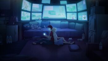 1boy 1girl ahoge back-to-back barefoot barred_window blonde_hair blue_pants blue_shorts breasts brown_eyes copyright_name food from_side fukuda_tomonori game_cg genki_dotou gunvarrel hair_down hand_on_own_knee head_on_another&#039;s_back highres holding holding_tablet_pc kidou_battle_gunvarrel koujiro_frau lace-trimmed_collar lace-trimmed_tank_top lace_trim leaning_on_person looking_at_phone looking_down looking_to_the_side loungewear matsuo_yukihiro messy_hair messy_room microwave monitor multiple_monitors narrowed_eyes non-web_source official_art on_ground outstretched_leg pants phone pillow pocky red_hair red_shirt refrigerator robotics;notes science_adventure screen_light shirt shorts sitting small_breasts strap_pull t-shirt tablet_pc tissue tissue_box yashio_kaito