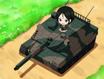 Rule 34 | 1girl, black eyes, black hair, blush, breasts, bug, butterfly, chouno ami, enter enter mission!, girls und panzer, green necktie, highres, insect, jacket, japan ground self-defense force, japan self-defense force, large breasts, long sleeves, mature female, military, military uniform, military vehicle, motor vehicle, necktie, open mouth, shirt, short hair, smile, solo, standing, swept bangs, tank, type 10 (tank), white shirt, youmou usagi
