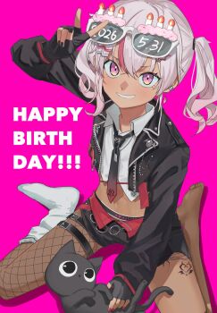 1girl black_jacket black_nails cat commentary_request dark-skinned_female dark_skin dated earclip earrings eyewear_on_head fingerless_gloves fishnet_pantyhose fishnets flat_chest gloves grey_hair grin happy_birthday highres jacket jewelry leg_tattoo looking_at_viewer matsukai_mao matsukai_mao_(4th_costume) midriff navel necktie nijisanji pantyhose pink_background pink_eyes short_shorts shorts side_ponytail single_fishnet_legwear single_sock sitting smile socks solo sunglasses syoko_tkmdtomk tattoo v virtual_youtuber wariza