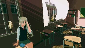 1girl adjusting_hair animated animated_gif black_vest blonde_hair blue_skirt bookshelf bow bowtie chair chalkboard classroom curtains desk dithering indoors kuuchuu_roukaku light_rays long_hair on_desk original pixel_art pleated_skirt red_bow red_bowtie school_chair school_desk sitting skirt sleeves_rolled_up solo vest wind window wooden_floor