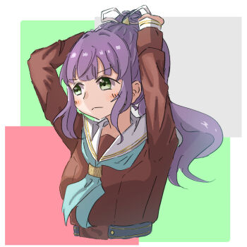 Rule 34 | 1girl, aqua neckerchief, arms up, border, breasts, brown dress, closed mouth, commentary request, cropped torso, dress, frown, green background, green eyes, grey background, hasu no sora school uniform, link! like! love live!, long sleeves, love live!, medium breasts, neckerchief, on your mark (love live!), otomune kozue, ponytail, purple hair, red background, sailor collar, sailor dress, school uniform, solo, tange murasaki, tying hair, v-shaped eyebrows, virtual youtuber, white border, white sailor collar, winter uniform