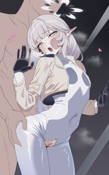 Rule 34 | 0haribo0, 1boy, 1girl, absurdres, against glass, blue archive, bodysuit, breast press, breasts, breasts on glass, brown jacket, cheek on glass, cleft of venus, clothed female nude male, commentary request, covered navel, cropped jacket, earclip, faceless, faceless male, grabbing another's ass, grey hair, groping, halo, hand on glass, heavy breathing, highres, himari (blue archive), himari (bodysuit) (blue archive), jacket, looking at viewer, mole, mole under eye, multicolored halo, nude, open clothes, open jacket, open mouth, pointy ears, purple eyes, pussy, pussy cutout, small breasts, teeth, torn bodysuit, torn clothes, upper teeth only, white bodysuit, white halo