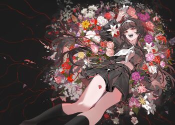 1girl black_background black_hair black_serafuku black_shoes black_skirt black_socks commentary flower highres kneehighs laughing long_hair long_sleeves lying magnolia29 neckerchief open_mouth original pleated_skirt red_eyes sailor_collar school_uniform serafuku shirt shoes skirt socks solo symbol-only_commentary twintails white_flower