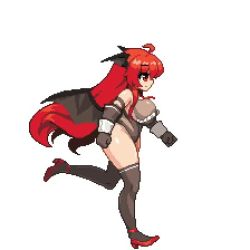 1girl ahoge animated bare_shoulders bouncing_breasts breasts demon_girl demon_wings gloves grey_gloves grey_thighhighs head_wings high_heels highleg highleg_leotard koakuma large_breasts leotard long_hair looping_animation lowres namako_daibakuhatsu necktie pixel_art red_eyes red_hair red_necktie red_shoes shoes simple_background solo thighhighs touhou very_long_hair video walk_cycle walking wings