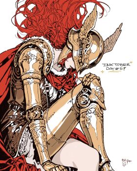 Rule 34 | 1girl, arm support, armor, cape, elden ring, feet out of frame, floating hair, from side, gold armor, hand on own knee, head down, helmet, highres, inktober, knee up, long hair, looking down, malenia blade of miquella, prosthesis, prosthetic arm, prosthetic leg, red cape, shelovesbali, simple background, sitting, solo, white background, winged helmet