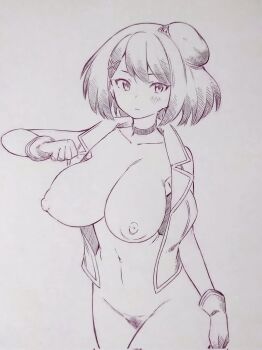 1girl beret blush breasts choker closed_mouth collarbone commentary_request corrupted_twitter_file female_pubic_hair gloves hair_ornament hat highres jacket kantai_collection large_breasts looking_at_viewer maya_(kancolle) monochrome navel nipples open_clothes open_jacket pubic_hair short_hair solo traditional_media tsukareta_san x_hair_ornament