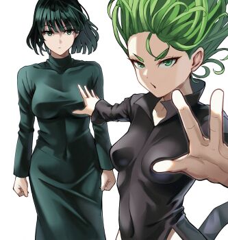 Rule 34 | 2girls, black dress, bob cut, breasts, clenched hands, collarbone, collared dress, dress, eyelashes, floating hair, fubuki (one-punch man), green dress, green eyes, green hair, highres, large breasts, let him cook (meme), linea alba, long dress, long sleeves, looking at another, looking at viewer, mature female, meme, multiple girls, navel, one-punch man, outstretched arms, parted bangs, parted lips, sachihiro, short dress, short hair, siblings, side slit, simple background, sisters, skin tight, small breasts, tatsumaki, turtleneck, turtleneck dress, white background