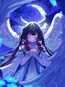 1girl artist_name bare_shoulders black_hair bow closed_eyes closed_mouth columbina_(genshin_impact) commentary crescent_moon dress feathered_wings genshin_impact hair_ornament hands_up highres hitsuki_(ruon) long_hair making-of_available moon night off-shoulder_dress off_shoulder outdoors own_hands_clasped own_hands_together purple_hair sky smile solo star_(sky) starry_sky twitter_username very_long_hair white_bow white_dress white_wings wing_hair_ornament wings