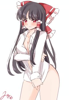 1girl arms_under_breasts blush bow breasts brown_hair cleavage closed_mouth collarbone commentary_request frilled_bow frilled_hair_tubes frills hair_bow hair_tubes hakurei_reimu highres large_breasts long_hair looking_at_viewer mito_(fate) naked_shirt no_panties red_bow red_eyes shirt shirt_tug signature simple_background solo touhou very_long_hair white_background