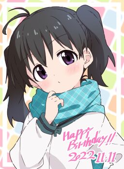 1girl black_hair blush commentary_request happy_birthday head_tilt highres kuraue_hinata looking_at_viewer purple_eyes scarf solo take_shinobu twintails upper_body yama_no_susume