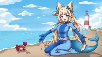 1girl absurdres ahoge animal_ears beach belt blonde_hair blue_eyes blue_sky bodysuit bow cat_ears cloud fins fish_tail hair_bow highres indie_virtual_youtuber injuotoko kaniki_(sameko_saba) kneeling lifebuoy_hair_ornament lighthouse long_hair low_twintails metal_belt open_mouth sameko_saba second-party_source sky smile tail totally_spies twintails very_long_hair virtual_youtuber