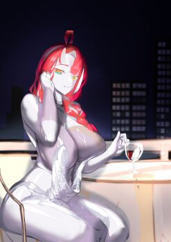 1girl absurdres ahoge alternate_form arm_up asymmetrical_bangs bare_arms bare_back bare_shoulders blunt_bangs braid breasts building cleavage closed_mouth colored_skin commentary criss-cross_halter cup daaku_(koizumi_arata) dress drink drinking_glass english_commentary evening_gown from_side glitter_dress green_eyes grey_hair grey_skin hair_over_shoulder halterneck hand_up highres hololive hololive_indonesia huge_breasts kureiji_ollie long_hair looking_at_viewer mismatched_pupils multicolored_eyes multicolored_hair multicolored_skin night patchwork_skin pov red_eyes red_hair sallie_(kureiji_ollie) scoop_neck sideboob sideless_dress silver_dress sitting sky smile solo spaghetti_strap stitched_arm stitched_face stitched_torso stitches symbol-shaped_pupils table thighs two-tone_eyes two-tone_skin virtual_youtuber wine_glass x-shaped_pupils yellow_eyes zombie