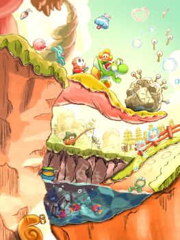 Rule 34 | baby bowser, belt, bowser, brown belt, bubble, character request, crazee dayzee, fence, fishing, grass, highres, looking at viewer, maribou (supermaribou), mario (series), nintendo, outdoors, shy guy, tagme, tree, walking, white mask, yoshi
