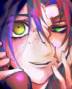 Rule 34 | 2boys, animal, crack, cracked kawaii mask, cracked mask, cracked skin, diavolo, g4rb4ge b0x, green eyes, highres, holding, holding phone, jojo no kimyou na bouken, male focus, multiple boys, open mouth, phone, portrait, purple hair, purple sweater, red hair, short hair, solo, split theme, spotted hair, sweater, teeth, uneven eyes, vento aureo, vinegar doppio