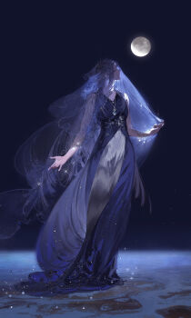 1girl black_hair blue_dress bracelet chinese_commentary closed_eyes closed_mouth commentary_request dress expressionless full_body full_moon gujian_qitan_(series) gujian_qitan_3 highres ibuki_satsuki jewelry long_hair moon necklace night ring see-through_clothes see-through_veil solo standing two-tone_dress veil very_long_hair white_dress yun_wuyue_(gujian_qitan)