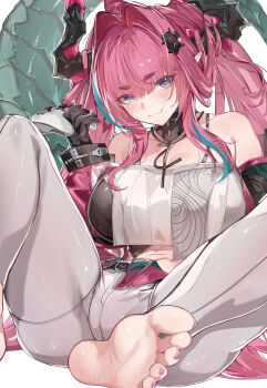 Rule 34 | 1girl, absurdres, aqua hair, arknights, arknights: endfield, armpit crease, bare shoulders, black gloves, black horns, blue eyes, blush, breasts, closed mouth, collarbone, commentary request, cone hair bun, controller, detached sleeves, double bun, feet, game controller, gloves, green tail, hair bun, hair intakes, hair ornament, hairclip, highres, holding, holding controller, holding game controller, horns, large breasts, long hair, long sleeves, looking at viewer, multicolored hair, multicolored horns, navel, pants, pink hair, pink horns, pink sleeves, pointy ears, simple background, sitting, smile, solo, stomach, streaked hair, thighs, twintails, two-tone hair, two-tone horns, ura illust, white background, white pants, yvonne (arknights)