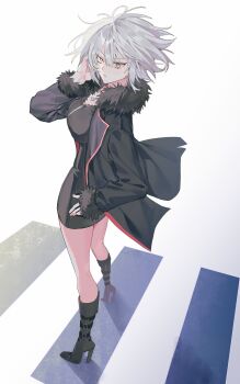 1girl black_dress boots breasts commentary_request crosswalk dress fate/grand_order fate_(series) fur-trimmed_jacket fur-trimmed_sleeves fur_trim high_heel_boots high_heels highres jacket jeanne_d'arc_alter_(avenger)_(fate) jeanne_d'arc_alter_(fate) jeanne_d'arc_alter_(ver._shinjuku_1999)_(fate) jewelry kneepits korean_commentary l843155 large_breasts looking_at_viewer necklace official_alternate_costume short_dress short_hair white_hair yellow_eyes