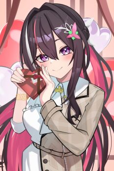 Rule 34 | 1girl, ascot, azki (4th costume) (hololive), azki (hololive), black hair, box, bracelet, braid, breasts, brown jacket, collared dress, colored inner hair, double-parted bangs, dress, flower, gift, gold bracelet, hair between eyes, hair flower, hair ornament, hairclip, half up half down braid, half updo, heart, heart-shaped box, highres, holding, holding gift, hololive, huge breasts, jacket, jewelry, long hair, looking at viewer, mole, mole under eye, multicolored hair, pink hair, pink streaks, purple eyes, rashin, sidelocks, smile, solo, standing, streaked hair, three-quarter sleeves, very long hair, virtual youtuber, white ascot, white dress, white streaks